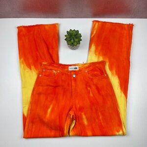 Fashion Nova Neon Orange Yellow Fire Tie Dye Denim Jeans Women Junior Size 1